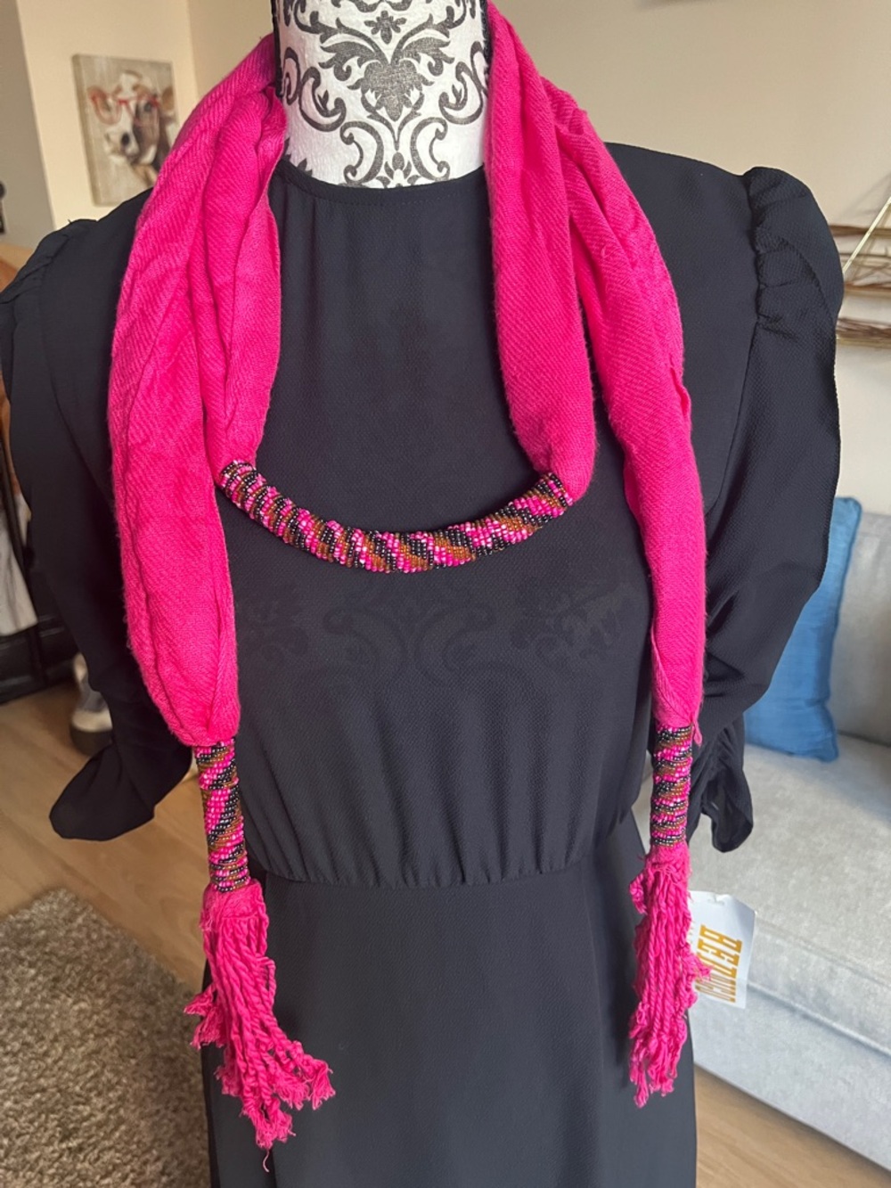 Hot Pink Beaded Scarf Necklace - Women Accessories